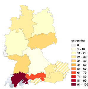 Relative Auftretenshäufigkeit der untrennbaren Verwendungsweise innerhalb der einzelnen Areale im Verhältnis zur trennbaren Verwendungsweise (in %)
