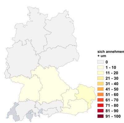 Relative Auftretenshäufigkeit von sich annehmen mit um innerhalb der einzelnen Areale im Verhältnis zu sich annehmen mit Dativobjekt und sich annehmen mit Genitivobjekt (in %)