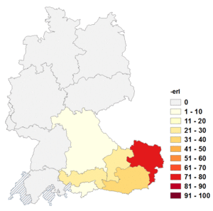 Relative Auftretenshäufigkeit von -erl innerhalb der einzelnen Areale im Verhältnis zu -chen, -le, -lein und -li (in %)