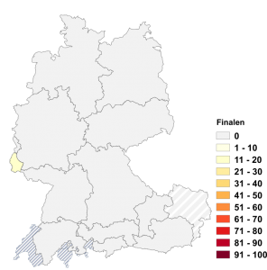 Relative Auftretenshäufigkeit von Finalen innerhalb der einzelnen Areale im Verhältnis zu Finale, Finali und Finals (in %)