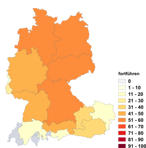 Relative Auftretenshäufigkeit von fortführen innerhalb der einzelnen Areale im Verhältnis zu weiterführen (in %)