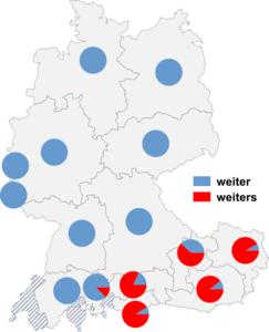 Relative Auftretenshäufigkeit von weiter / weiters innerhalb der einzelnen Areale