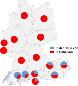 Relative Auftretenshäufigkeit von in der Höhe von / in Höhe von innerhalb der einzelnen Areale