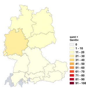 Relative Auftretenshäufigkeit von samt + Genitiv innerhalb der einzelnen Areale im Verhältnis zu samt + Dativ (in %)