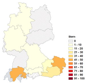 Relative Auftretenshäufigkeit von Stern- innerhalb der einzelnen Areale im Verhältnis zu Sterne- (in %)