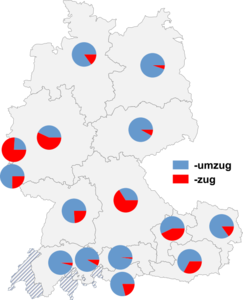 Relative Auftretenshäufigkeit von -umzug / -zug innerhalb der einzelnen Areale