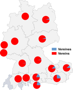 Relative Auftretenshäufigkeit von Vereines / Vereins innerhalb der einzelnen Areale