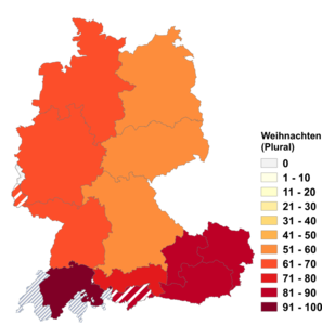 Relative Auftretenshäufigkeit von Weihnachten (Plural) innerhalb der einzelnen Areale im Verhältnis zu Weihnachten (Singular) (in %)