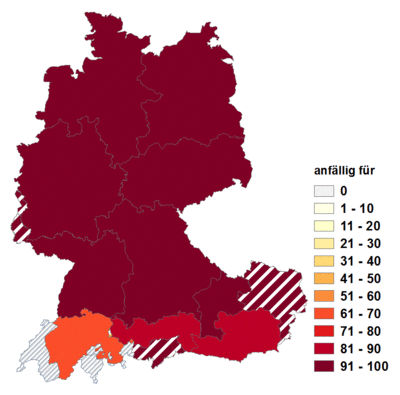 Relative Auftretenshäufigkeit von anfällig für innerhalb der einzelnen Areale im Verhältnis zu anfällig auf und anfällig gegen (in %)