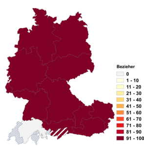 Relative Auftretenshäufigkeit von Bezieher innerhalb der einzelnen Areale im Verhältnis zu Bezüger (in %)