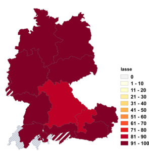 Relative Auftretenshäufigkeit von lasse innerhalb der einzelnen Areale im Verhältnis zu lass(') (in %)