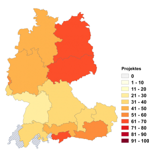Relative Auftretenshäufigkeit von Projektes innerhalb der einzelnen Areale im Verhältnis zu Projekts (in %)