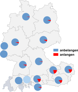 Relative Auftretenshäufigkeit von anbelangen / anlangen innerhalb der einzelnen Areale