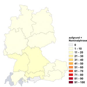Relative Auftretenshäufigkeit von aufgrund + Nominalphrase innerhalb der einzelnen Areale im Verhältnis zu aufgrund + von + Dativ (in %)