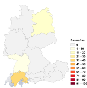 Relative Auftretenshäufigkeit von Bauernfrau innerhalb der einzelnen Areale im Verhältnis zu Bauersfrau (in %)