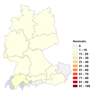Relative Auftretenshäufigkeit von bedeuten mit prädikativem Nominativ innerhalb der einzelnen Areale im Verhältnis zu bedeuten mit Akkusativobjekt (in %)