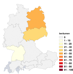 Relative Auftretenshäufigkeit von beräumen innerhalb der einzelnen Areale im Verhältnis zu räumen (in %)