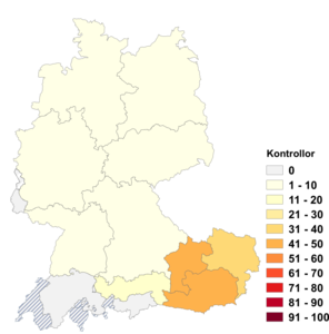Relative Auftretenshäufigkeit von Kontrollor innerhalb der einzelnen Areale im Verhältnis zu Kontrolleur (in %)