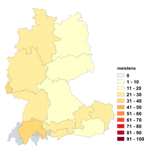 Relative Auftretenshäufigkeit von meistens innerhalb der einzelnen Areale im Verhältnis zu meist (in %)