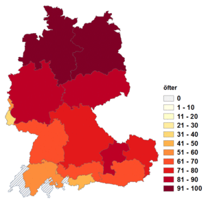 Relative Auftretenshäufigkeit von öfter innerhalb der einzelnen Areale im Verhältnis zu öfters (in %)