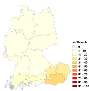 Relative Auftretenshäufigkeit von auf Besuch innerhalb der einzelnen Areale im Verhältnis zu zu Besuch (in %)