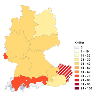 Relative Auftretenshäufigkeit von Knüller innerhalb der einzelnen Areale im Verhältnis zu Knaller (in %)