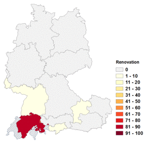 Relative Auftretenshäufigkeit von Renovation innerhalb der einzelnen Areale im Verhältnis zu Renovierung (in %)