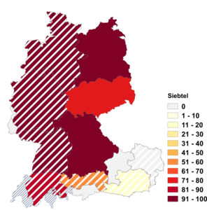 Relative Auftretenshäufigkeit von Siebtel innerhalb der einzelnen Areale im Verhältnis zu Siebentel (in %)