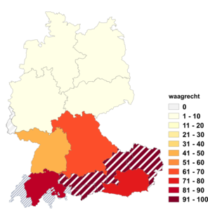 Relative Auftretenshäufigkeit von waagrecht innerhalb der einzelnen Areale im Verhältnis zu waagerecht (in %)