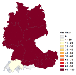 Relative Auftretenshäufigkeit von das Match innerhalb der einzelnen Areale im Verhältnis zu der Match (in %)
