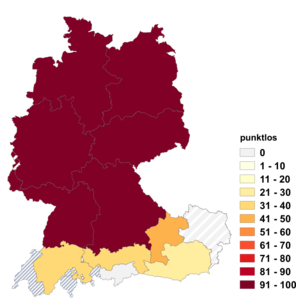 Relative Auftretenshäufigkeit von punktlos innerhalb der einzelnen Areale im Verhältnis zu punktelos (in %)