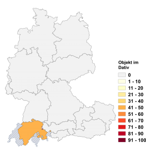 Relative Auftretenshäufigkeit von Sorge tragen mit Dativobjekt innerhalb der einzelnen Areale im Verhältnis zu Sorge tragen mit zu (in %)