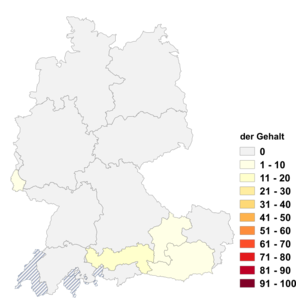 Relative Auftretenshäufigkeit von der Gehalt innerhalb der einzelnen Areale im Verhältnis zu das Gehalt (in %)