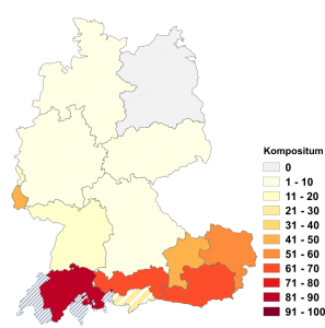 Relative Auftretenshäufigkeit von Kompositum innerhalb der einzelnen Areale im Verhältnis zu Nominalphrase (in %)