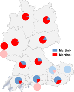 Relative Auftretenshäufigkeit von Martini- / Martins- innerhalb der einzelnen Areale
