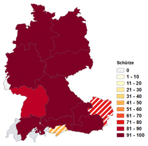 Relative Auftretenshäufigkeit von Schürze innerhalb der einzelnen Areale im Verhältnis zu Schurz (in %)