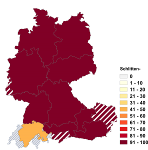 Relative Auftretenshäufigkeit von Schlitten- innerhalb der einzelnen Areale im Verhältnis zu Schlittel- (in %)