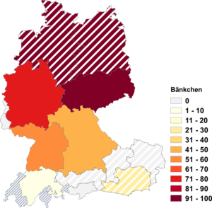 Relative Auftretenshäufigkeit von Bänkchen innerhalb der einzelnen Areale im Verhältnis zu Bankerl, Bänkle und Bänkli (in %)