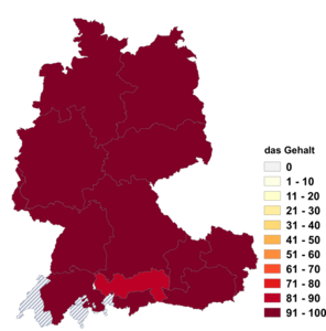Relative Auftretenshäufigkeit von das Gehalt innerhalb der einzelnen Areale im Verhältnis zu der Gehalt (in %)