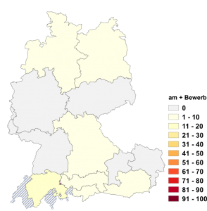 Relative Auftretenshäufigkeit von am + Bewerb innerhalb der einzelnen Areale im Verhältnis zu im + Bewerb (in %)
