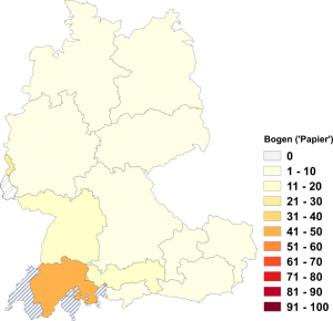 Relative Auftretenshäufigkeit von Bogen innerhalb der einzelnen Areale im Verhältnis zu Bögen ('Papier'; in %)