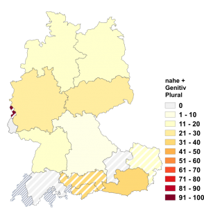 Relative Auftretenshäufigkeit von nahe + Genitiv Plural innerhalb der einzelnen Areale im Verhältnis zu nahe + Dativ Plural (in %)
