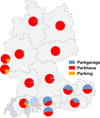 Relative Auftretenshäufigkeit von Parkgarage / Parkhaus / Parking innerhalb der einzelnen Areale