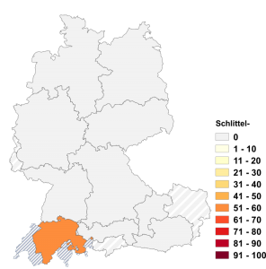 Relative Auftretenshäufigkeit von Schlittel- innerhalb der einzelnen Areale im Verhältnis zu Schlitten- (in %)
