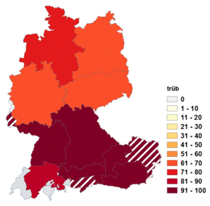 Relative Auftretenshäufigkeit von trüb innerhalb der einzelnen Areale im Verhältnis zu trübe (in %)