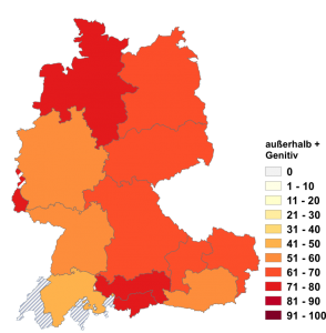 Relative Auftretenshäufigkeit von außerhalb + Genitiv innerhalb der einzelnen Areale im Verhältnis zu außerhalb + von + Dativ (in %)