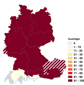 Relative Auftretenshäufigkeit von Austräger innerhalb der einzelnen Areale im Verhältnis zu Verträger (in %)