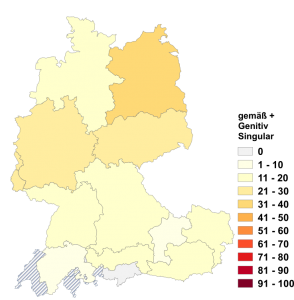 Relative Auftretenshäufigkeit von gemäß + Genitiv Singular innerhalb der einzelnen Areale im Verhältnis zu gemäß + Dativ Singular (in %)