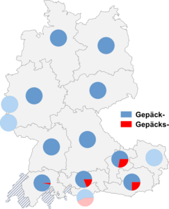 Relative Auftretenshäufigkeit von Gepäck- / Gepäcks- innerhalb der einzelnen Areale