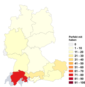 Relative Auftretenshäufigkeit von Perfekt mit haben innerhalb der einzelnen Areale im Verhältnis zu Perfekt mit sein (in %)